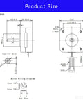 NEMA 17 bipolar stepper motor technical drawing with front and side views, mounting holes, shaft detail and wiring diagram