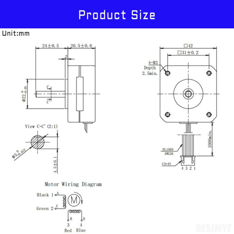 NEMA 17 bipolar stepper motor technical drawing with front and side views, mounting holes, shaft detail and wiring diagram