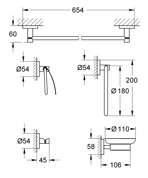 Technical diagram of Essentials Master Bathroom 5 Piece Set in Starlight Chrome showing dimensions and installation layout.