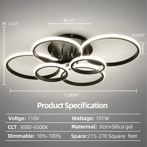 Dimmable 99W Modern LED Ceiling Light With Remote Control Six Ring Circle Design For A Dope Modern Look Three Color Temperature