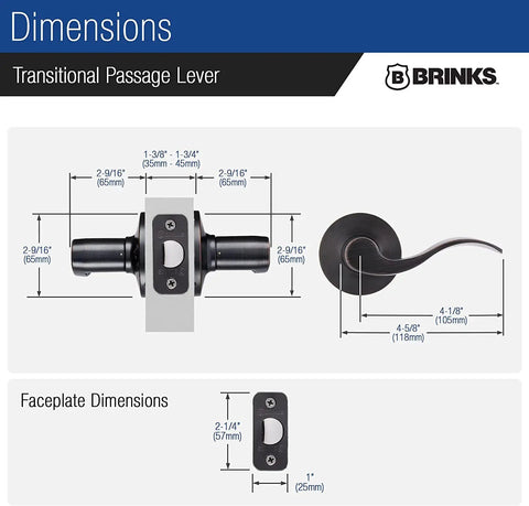 Diagram of 6 Pack Matte Black Transitional Indoor Passage Wave Door Levers for Hall and Closet dimensions and faceplate size