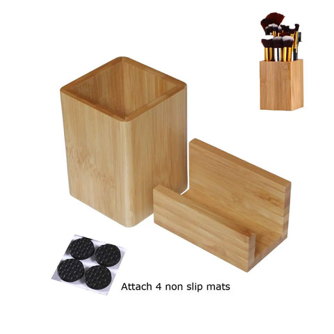 Two Pack Bamboo Pen Holder And Card Stand Set For Home Office And School, showing pot and tray with non-slip mats, eco-friendly bamboo