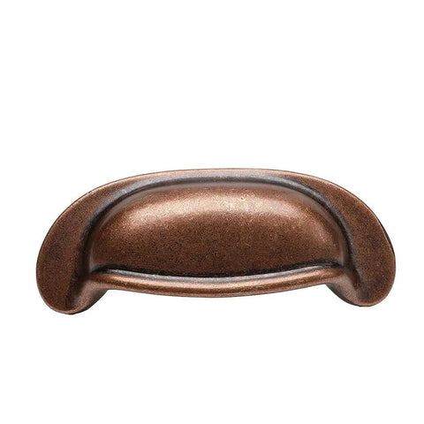 Ten Pack 2.5 Inch Hole Center Antique Copper Bin Cup Drawer Pulls featuring flat bottom design and kitchen cupboard grips.