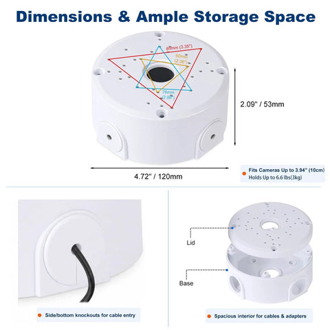 Universal Security Camera Junction Box Plastic Cable Management Box 3-Pack Fits Most Cameras Up To 4.3 Inches Dome Turret And Bullet Styles, Keeps Wires Neat And Protected For Indoor Or Outdoor Installations, white plastic junction box dimensions