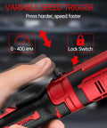 Close-up of 3/8 Inch Cordless Ratchet Wrench Workhorse With 88 Foot Pounds Torque showing variable speed trigger and RPM settings.