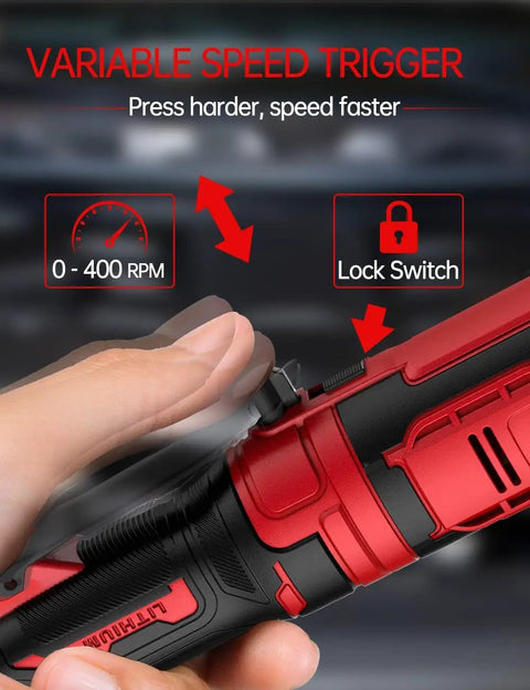 Close-up of 3/8 Inch Cordless Ratchet Wrench Workhorse With 88 Foot Pounds Torque showing variable speed trigger and RPM settings.