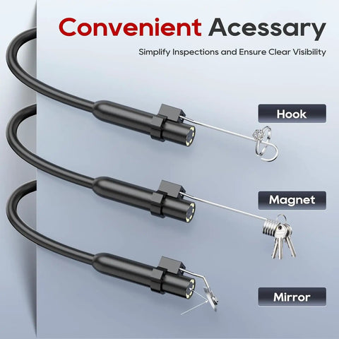 Endoscope Camera With Light 1920P HD Borescope Inspection Tool, 8 Adjustable LEDs, IP67 Waterproof Semi-Rigid Cable, Plug In USB Type C, Lightning, Micro USB For Android, iPhone, And iPad with hook, magnet, and mirror attachments