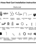 S6 Hose Reel Cart Installation Instructions with complete parts list for assembly, including wheel disc, reel drum, and more components.