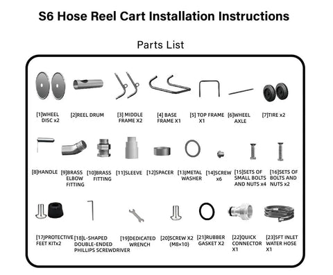S6 Hose Reel Cart Installation Instructions with complete parts list for assembly, including wheel disc, reel drum, and more components.
