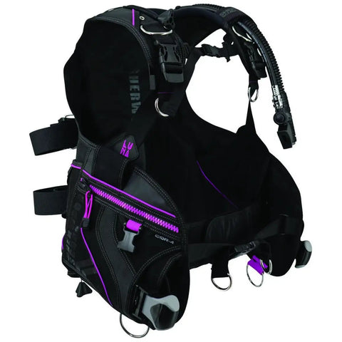 Women's Weight Integrated Jacket Style BCD For Scuba Diving With Six Stainless Steel D Rings, Magenta Trim, Size Large