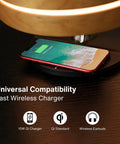 Bedside Lamp With 10W Wireless Charger And Bluetooth Speaker showing phone charging on Qi pad