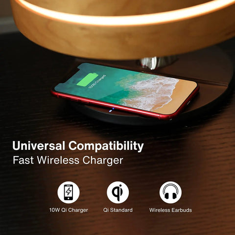 Bedside Lamp With 10W Wireless Charger And Bluetooth Speaker showing phone charging on Qi pad