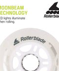 Moonbeam LED 80mm 82A Wheel Set 4 Pack For Inline Skates White With Glowing Night Visibility showing LED technology and text