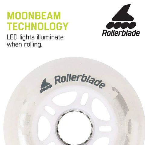 Moonbeam LED 80mm 82A Wheel Set 4 Pack For Inline Skates White With Glowing Night Visibility showing LED technology and text