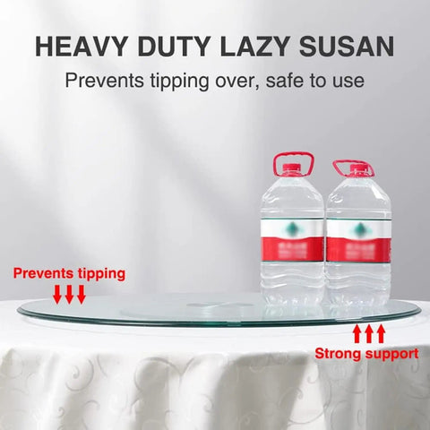 Heavy Duty Tempered Glass Lazy Susan Turntable Silent Bearing Rotating Serving Tray on a dining table supporting bottles.