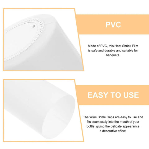 Snag These White PVC Heat Shrink Wine Bottle Caps A Dope One Hundred Pack To Keep Open Bottles Fresh With An Airtight Seal That Kills Oxidation Cold Zero Fuss Just Heat For A Snug Fit Around Any Neck Sweet For Weekend Sipping Or Quick Stashing, showcasing details on PVC material and easy use.