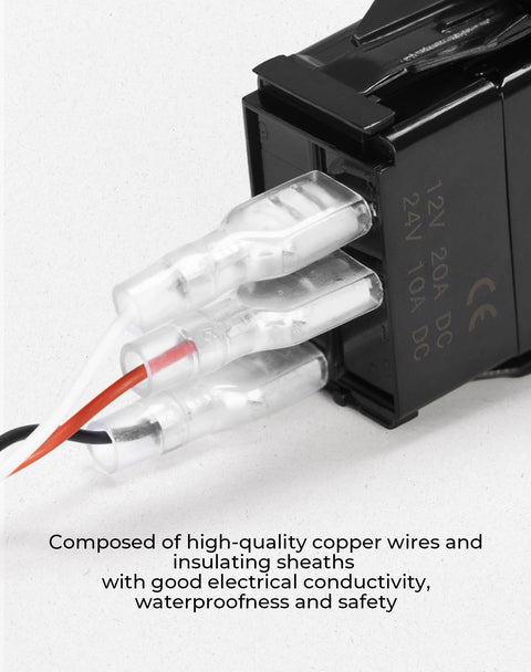 Close-up of wiring connectors on Whip Lights Rocker Switch With Wiring Harness Kit for 12V UTV ATV 10A Blade Fuse Battery Protection