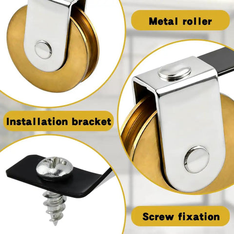 Close-up of Four Pack Heavy Duty Steel Sliding Screen Door Rollers Replacement with precision ball bearing, metal roller, and installation bracket.