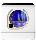 Portable Countertop Dishwasher With Integrated Water Tank And Quick Connect Faucet Five Wash Cycles Low Key Quiet Sound Baby Bottle Sanitizer Sweet Air Dry Basket Small Space Pro with shiny silver utensils inside.