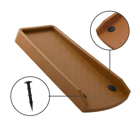 17-Inch Downspout Splash Block And Gutter Extender Kit, 4 Pack With 8 Hard Plastic Stakes, Brown, detail of splash block and stake
