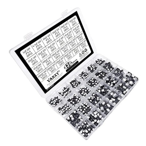 24 Values 430 Pcs SMD Aluminum Electrolytic Capacitors Assortment Kit With 10V 16V 25V 35V 50V Series in open storage box