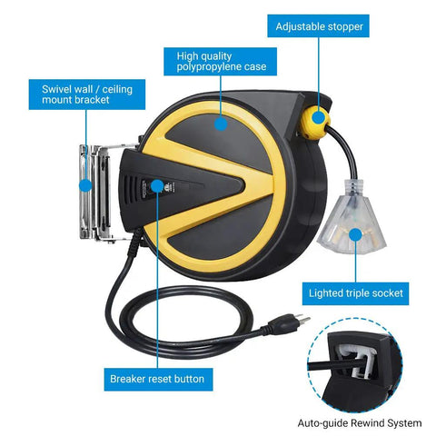 Retractable Cord Reel With Slow Auto Return Heavy Duty 50 Foot 14 3 SJTW Cord Lighted Triple Tap Outlets 13 Amp Circuit Breaker Ceiling Or Wall Mount ETL Listed Keeps Cords Tidy And Tangled Free Kid And Pet Safe No Cap