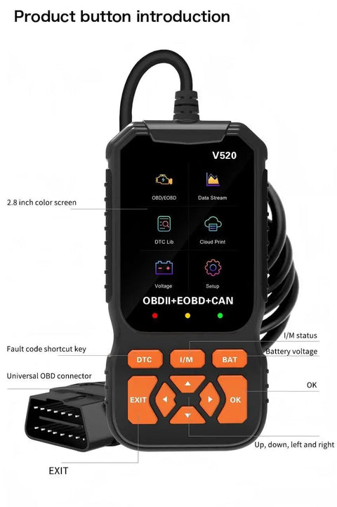 Heavy Duty OBD2 Diagnostic Scanner That Straight Up Clears Check Engine Flags Pulls Freeze Frame Codes And Streams Live Data While Getting Your Rig Back On Road Fast with 2.8 inch color screen and universal OBD connector.