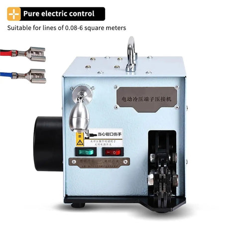 Electric Cold Press Terminal Crimper Machine With Interchangeable Die Sets For Fast One Second Wiring And Continuous Crimping Operations To Boost Electrical Project Productivity, side view with motor and control buttons.
