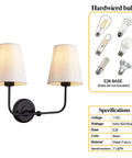Hardwired 2 Light Dual Lamp Modern Armed Wall Sconce With Flared White Fabric Shades For Bathroom Vanity Living Room Hallway Stairway Fireplace Farmhouse Style With Brushed Nickel Finish and bulb options