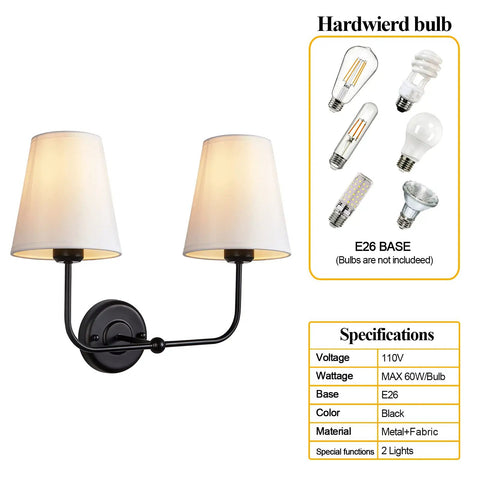 Hardwired 2 Light Dual Lamp Modern Armed Wall Sconce With Flared White Fabric Shades For Bathroom Vanity Living Room Hallway Stairway Fireplace Farmhouse Style With Brushed Nickel Finish and bulb options