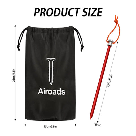 9 Inch Tent Stakes Set Lightweight Aluminum Alloy Ground Pegs with storage bag and measurement details