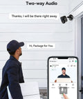 Delivery person using Solar Wireless Outdoor Security Camera Set 2 Pack Battery Powered WiFi Cameras With AI Motion Detection and Two Way Talk.