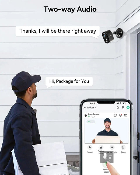 Delivery person using Solar Wireless Outdoor Security Camera Set 2 Pack Battery Powered WiFi Cameras With AI Motion Detection and Two Way Talk.