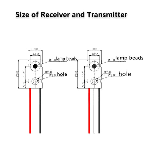 Diagram showing dimensions of 2-Pack Infrared Break Beam Sensor With 5mm LEDs Counting Module Split Through Beam Photoelectric Switch