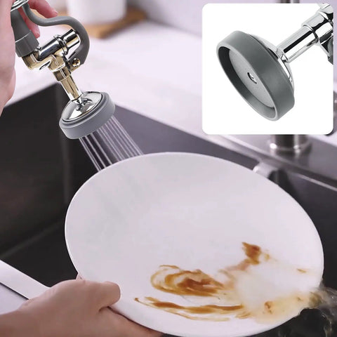 Heavy Duty Pre Rinse Sink Sprayer With Handle Grip Assembly 1.42 GPM washing a plate, chrome finish. Inset shows spray nozzle detail