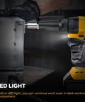 Brushless Cordless Rivet Gun Compatible With Dewalt 20V Max with LED light, used for rivets, showcasing detail during operation.