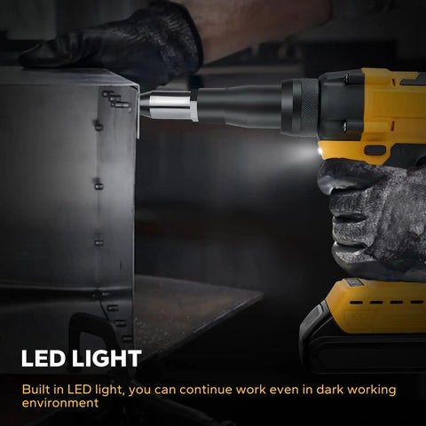 Brushless Cordless Rivet Gun Compatible With Dewalt 20V Max with LED light, used for rivets, showcasing detail during operation.