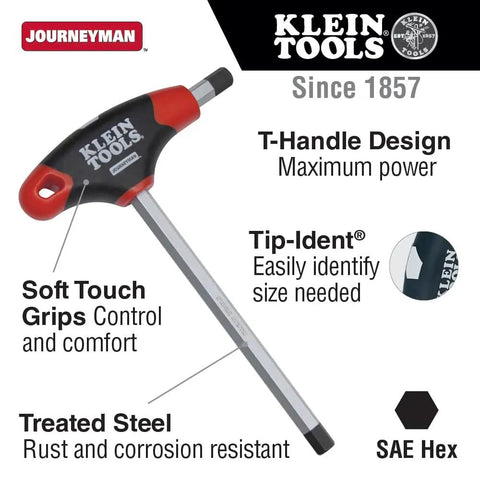 Journeyman Five Sixteenth Inch Hex Key With T Handle, 6 Inch Long, Soft Touch Grip For Max Torque, Blade Through Handle Design, Laser Etched Sizes, Tip Ident, Hang Hole, Chamfered End For Easy Use