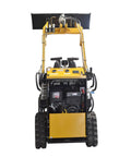 Front view of Track Type Mini Skid Steer Loader Workhorse For Construction And Landscaping Jobs with exposed engine and controls.