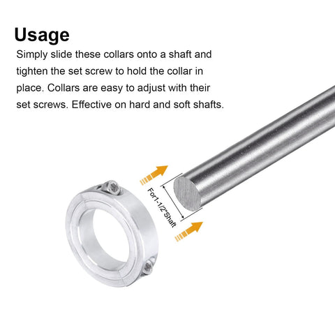 Aluminum double-split shaft collar for 1-1/2 inch shaft; 2-3/8 inch outer diameter, 9/16 inch thick, with two set screws.
