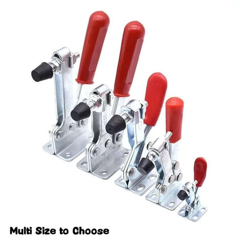 Image of three piece heavy duty toggle clamps with horizontal quick release locking self locking lever system in various sizes.