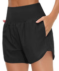 Women's High Waist Running Shorts With Liner for Athletic Training and Hiking zip pockets and no roll waistband in black, medium size.