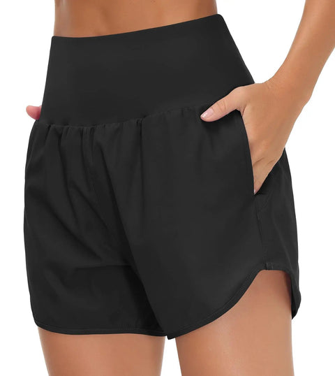 Women's High Waist Running Shorts With Liner for Athletic Training and Hiking zip pockets and no roll waistband in black, medium size.