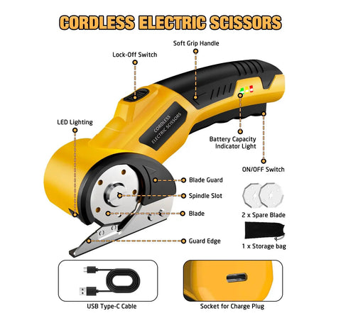 Powerful 4V Cordless Electric Scissors Cardboard Cutter With Safety Lock And LED Light For Boxes Carpet Plastic And Fabric Rechargeable USB Charge Heavy Duty DIY Tool In Yellow, shown with USB-C cable and spare blade