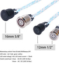 12mm momentary push button switch with blue LED ring alongside other switches, featuring tough metal chassis and wire leads.
