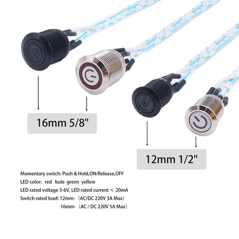 12mm momentary push button switch with blue LED ring alongside other switches, featuring tough metal chassis and wire leads.