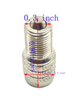 Close-up of a silver metal tire valve stem cap with knurled base; 0.4 in outer diameter, 0.3 in bore.