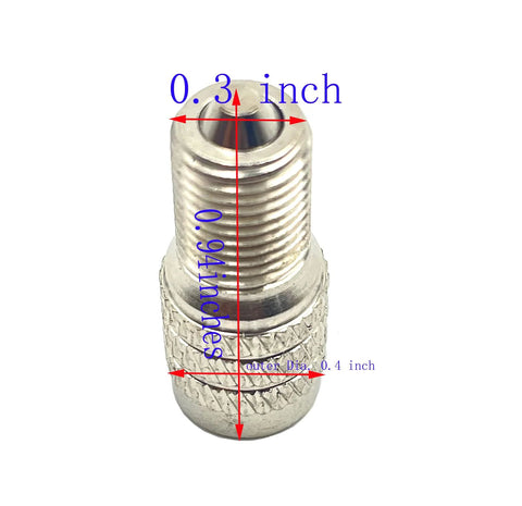 Close-up of a silver metal tire valve stem cap with knurled base; 0.4 in outer diameter, 0.3 in bore.