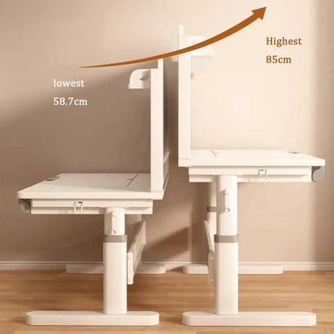 Dope Heavy Duty Manual Adjustable Standing Desk With Smooth Crank Raise And Practical Drawer Next To Perforated Pegboard showing height adjustments from 58.7cm to 85cm.
