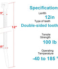 12 Inch Zip Ties Double Sided Toothed 100 Lbs Tensile Strength Heavy Duty Tough As Nails Cable Wire Ties specifications diagram